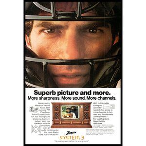 1980 Zenith System 3 Television TV On Vintage Print Ad Back Catcher Baseball Art